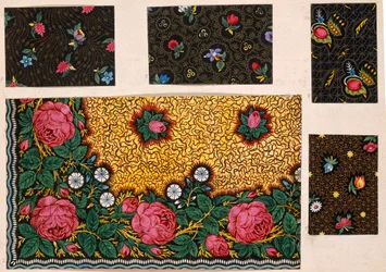 Textildesign, Rosa Rosen mit zusätzlichen Farbschwüngen. Französisch, frühes 19. Jahrhundert